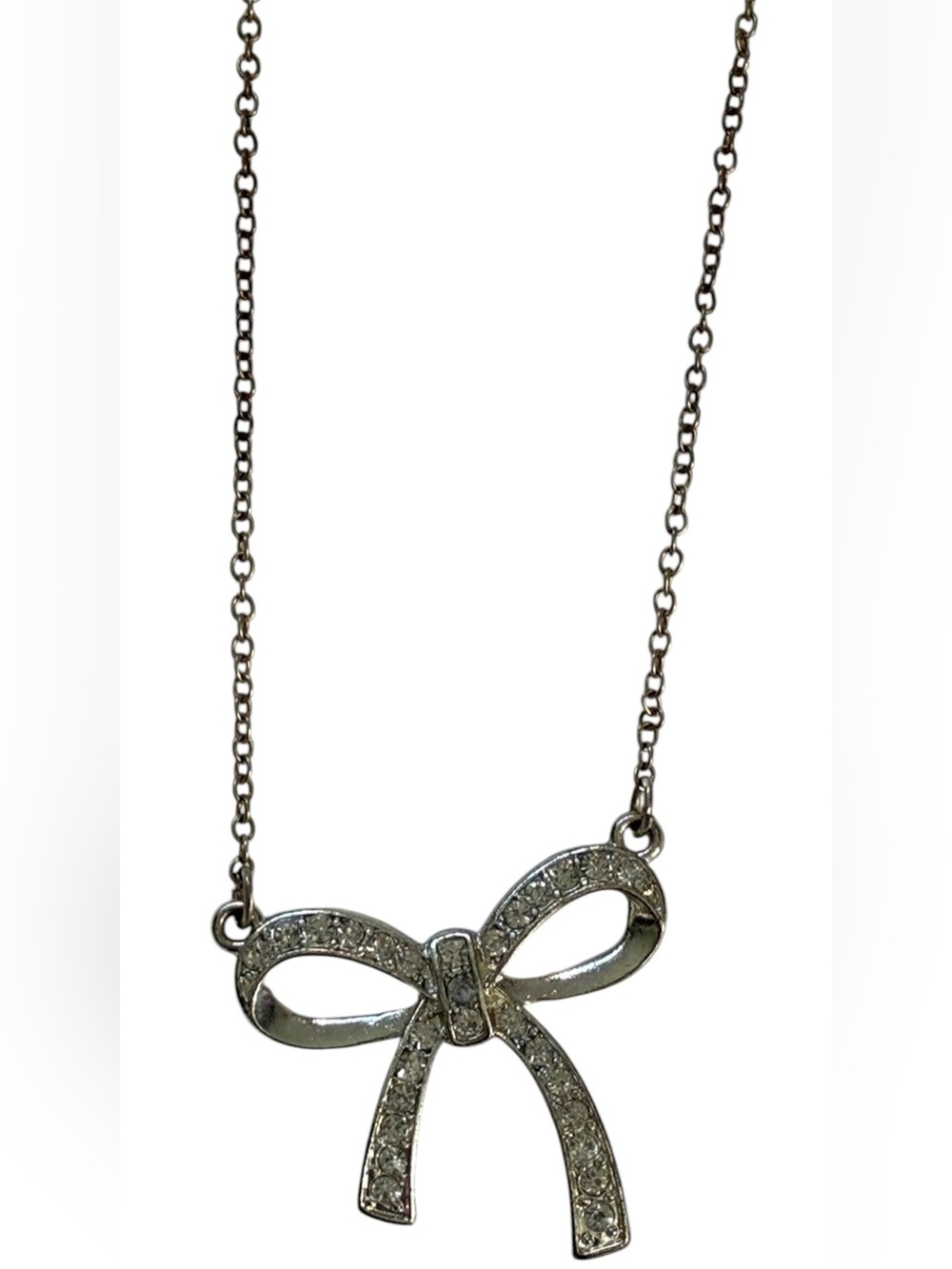 SILVER TONE BOW NECKLACE RHINESTONES